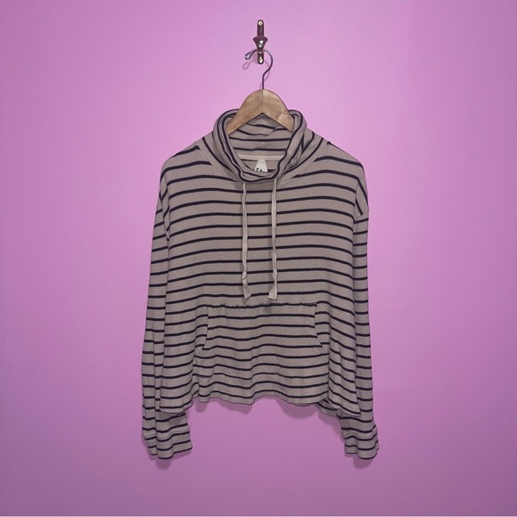 Pact Sweater Women's Size Extra Large Tan Black Striped Waffle Cowl Neck Cotton - Picture 2 of 7